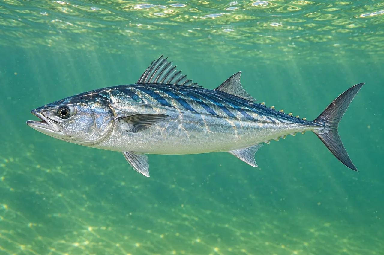 An Atlantic bonito with slanting dark stripes on its back in open green water