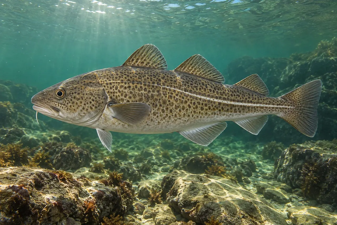 An Atlantic cod with speckled olive sides over a rocky bottom
