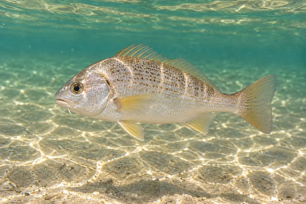 An Atlantic croaker with brassy speckled sides swimming near the bottom