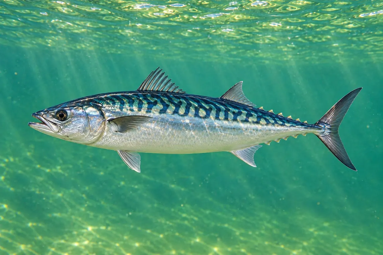 An Atlantic mackerel with wavy dark bars on its blue-green back
