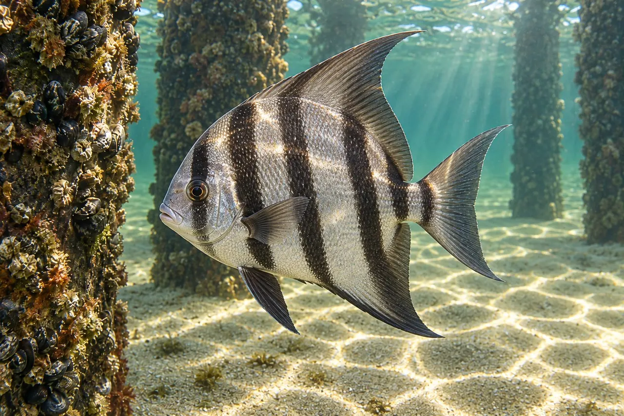 A disc-shaped Atlantic spadefish with black vertical bars swimming near pier pilings
