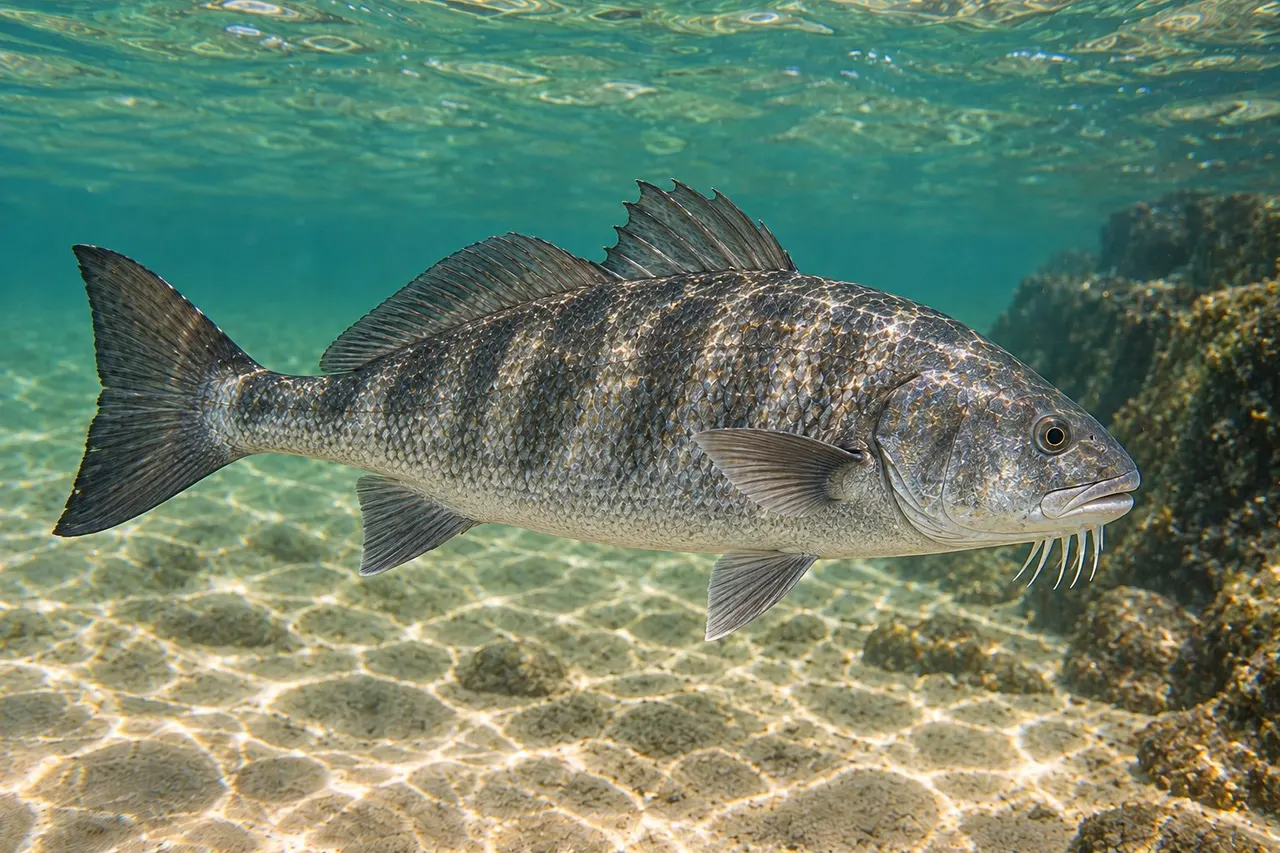A black drum with chin barbels swimming beside jetty rocks over sand