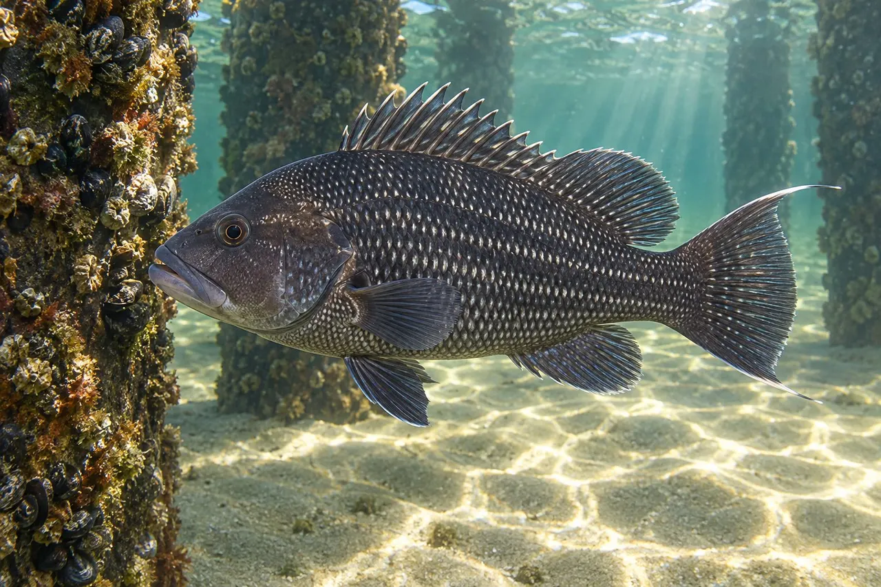 A black sea bass with dark scales and a long trailing tail ray swimming beside barnacle-covered pier pilings over sand