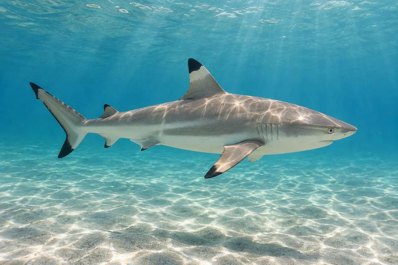A blacktip shark with black-tipped fins swimming over sand in clear surf water