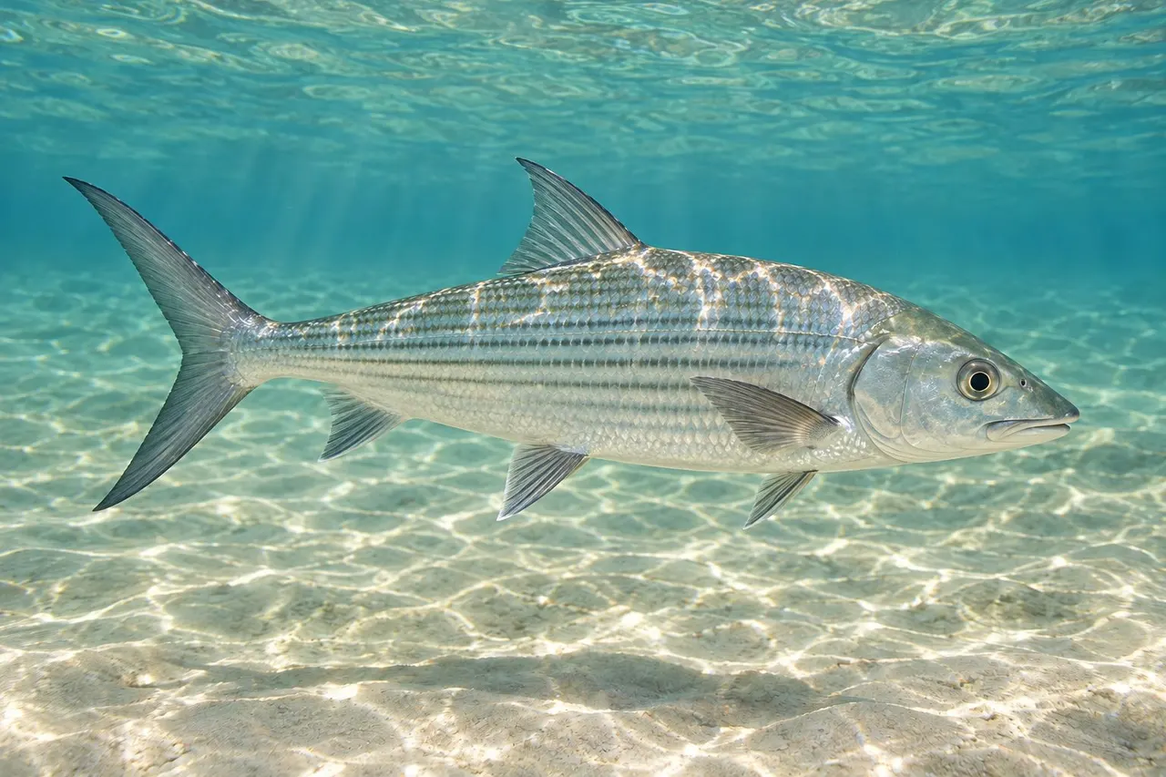 A bonefish cruising over a shallow sand flat
