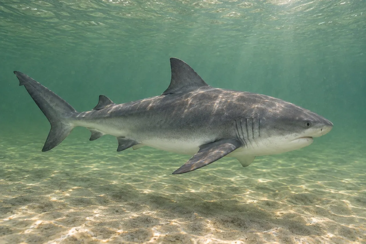 A stout gray bull shark with a short, broad, rounded snout swimming in murky green water