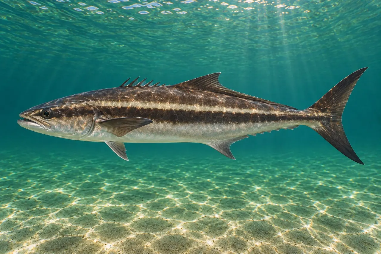 A cobia with its dark side stripe swimming in clear water