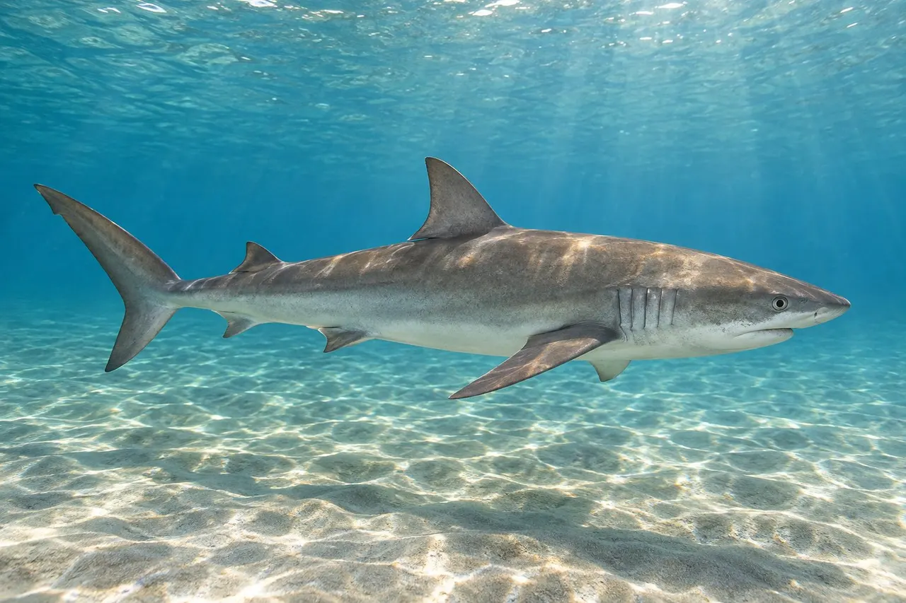 A slender gray finetooth shark with plain, unmarked fins swimming over sand