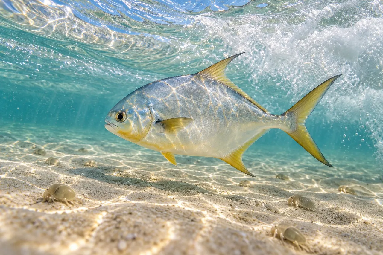 A Florida pompano with yellow throat and fins swimming in the clear wash over sand fleas