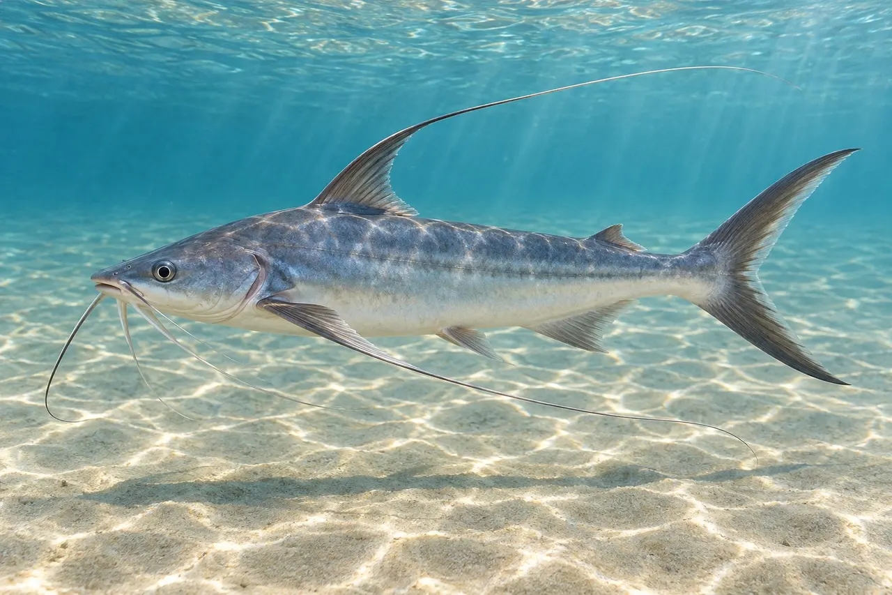 A gafftopsail catfish with long fin filaments over sand