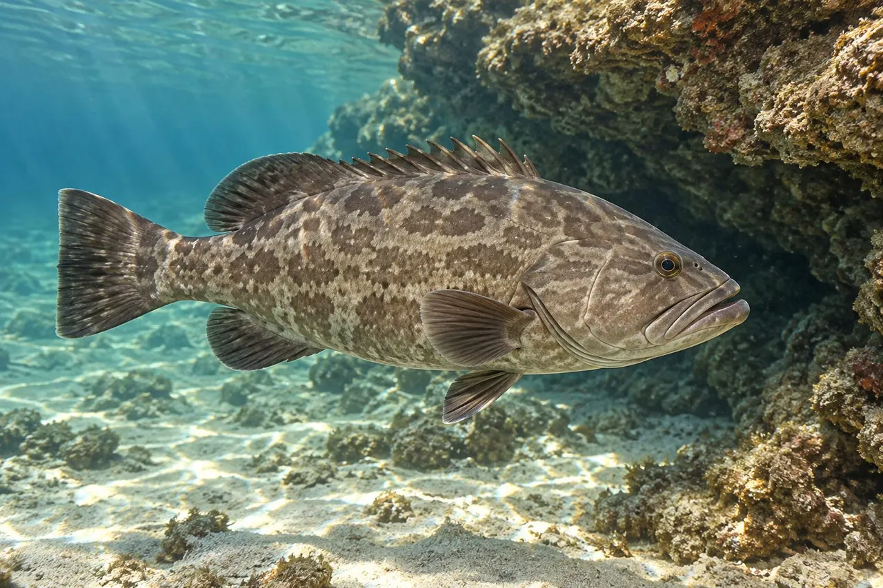 A gag grouper beside a rocky ledge