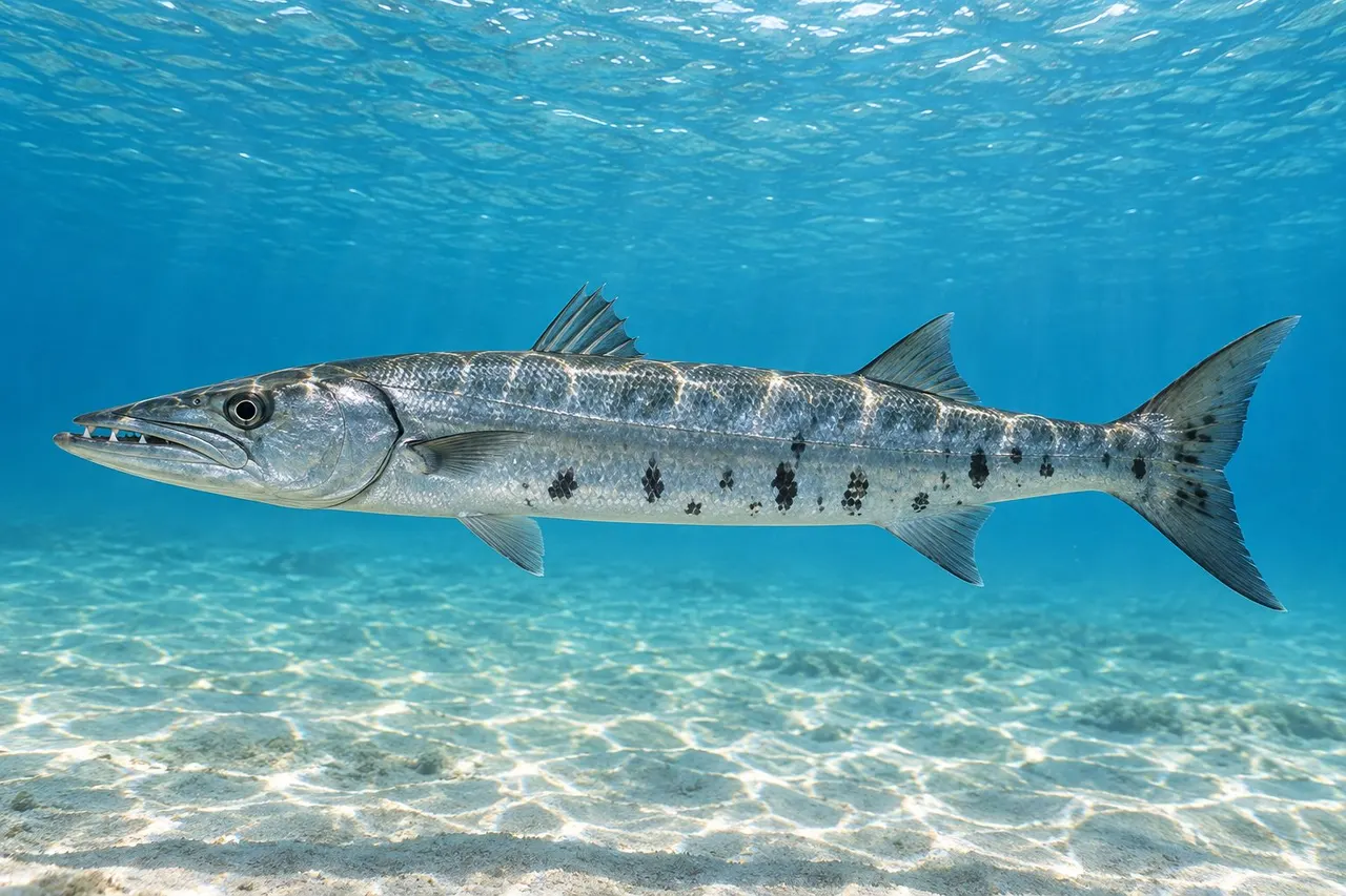 A great barracuda with dark blotches on its silver sides in clear blue water