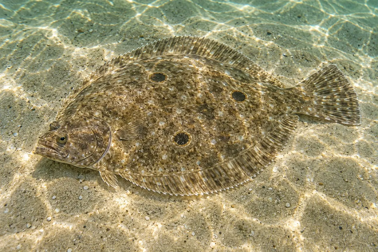 A Gulf flounder lying flat on sand with three dark eyespots in a triangle