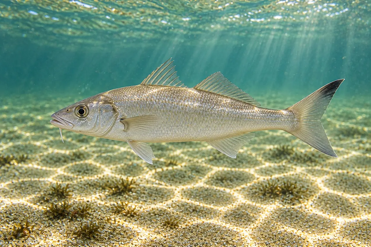 A plain silvery Gulf kingfish with a dark tail tip and a short chin barbel swimming over sand
