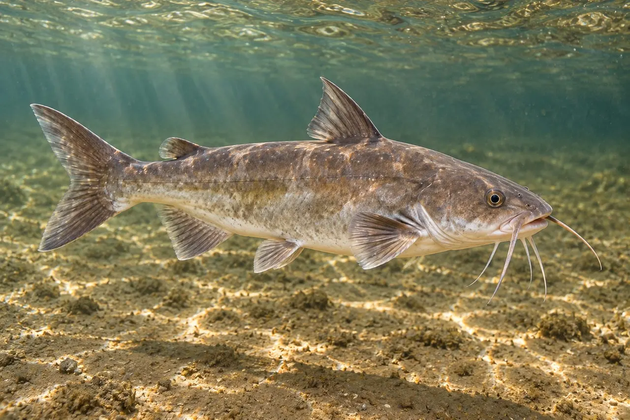 A hardhead catfish with its chin barbels over a muddy sand bottom