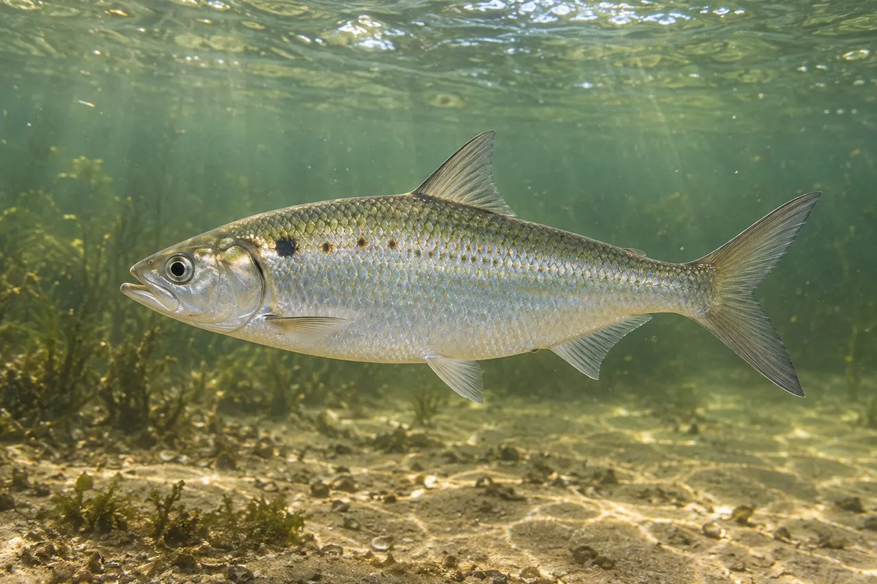 A silvery hickory shad in a river mouth