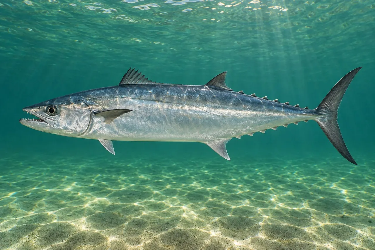 A king mackerel, long and silver with finlets, swimming in clear green water