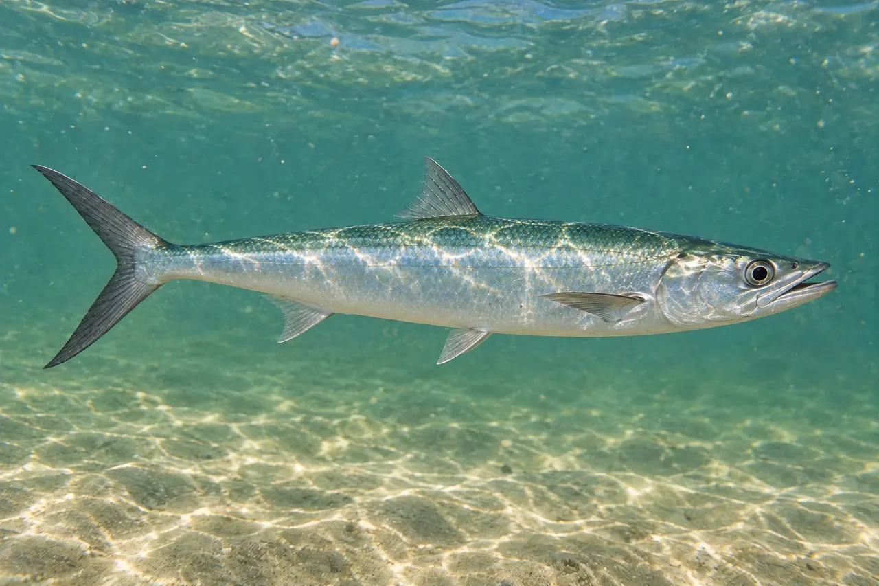A long, slender silvery ladyfish with a deeply forked tail swimming over sand