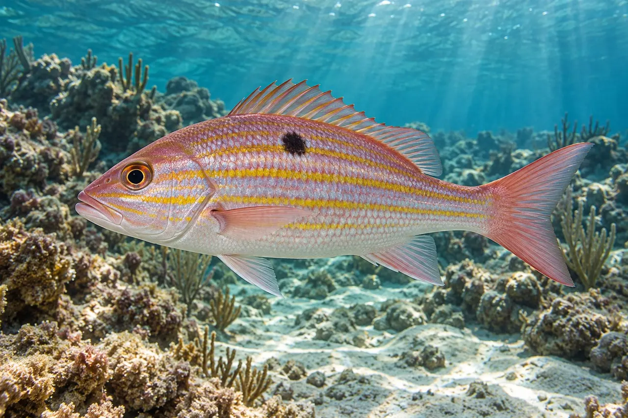A lane snapper with pink and yellow stripes over a reef