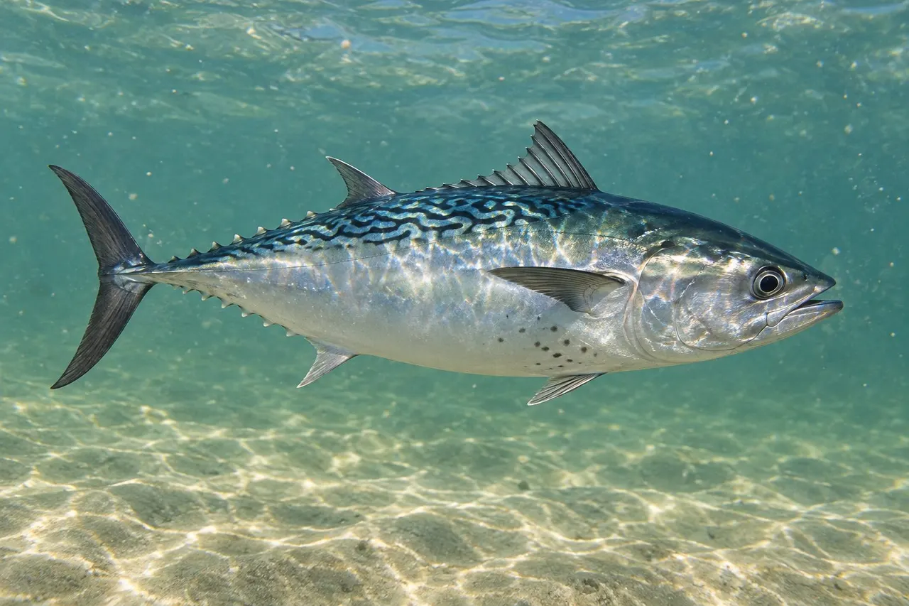 A false albacore (little tunny) with wavy dark markings on its back and a few spots below the pectoral fin