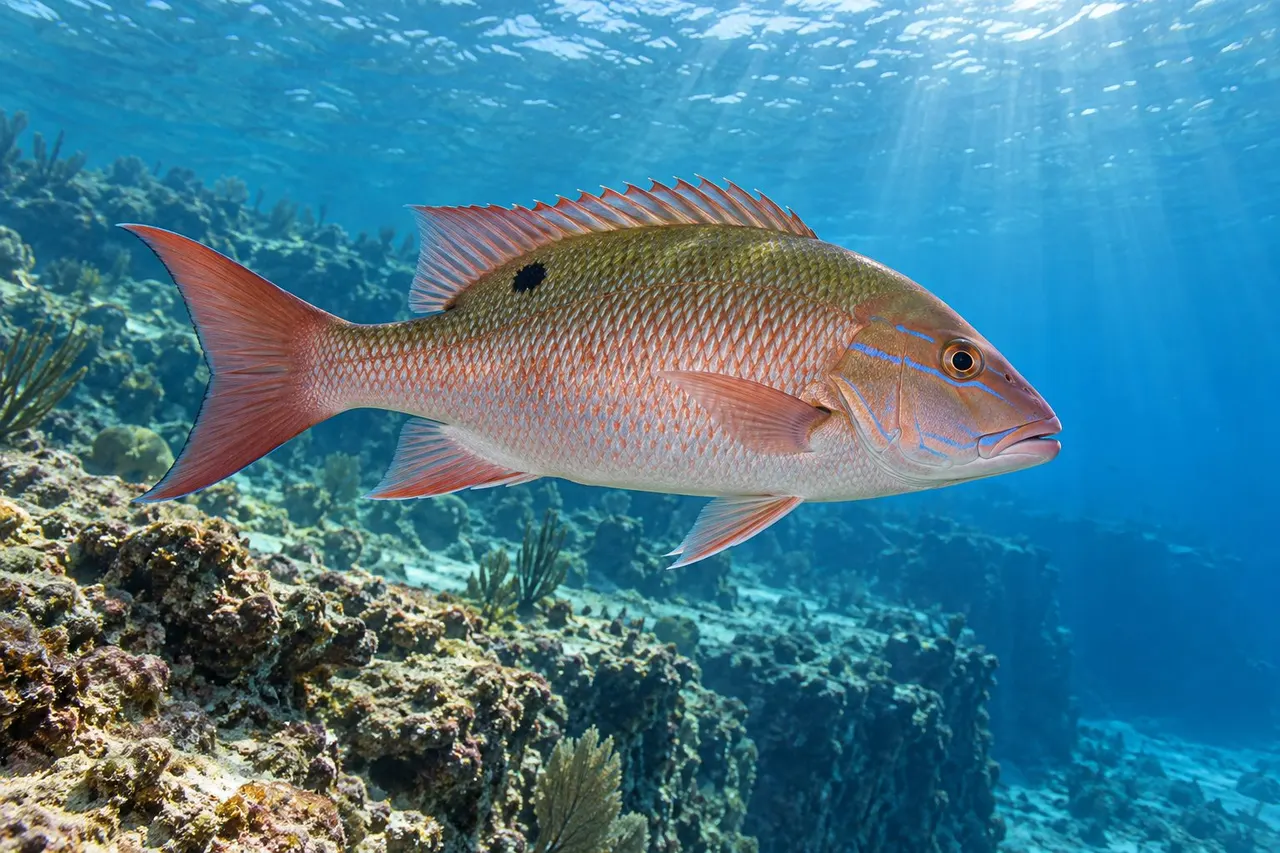 A mutton snapper over a reef edge in clear blue water
