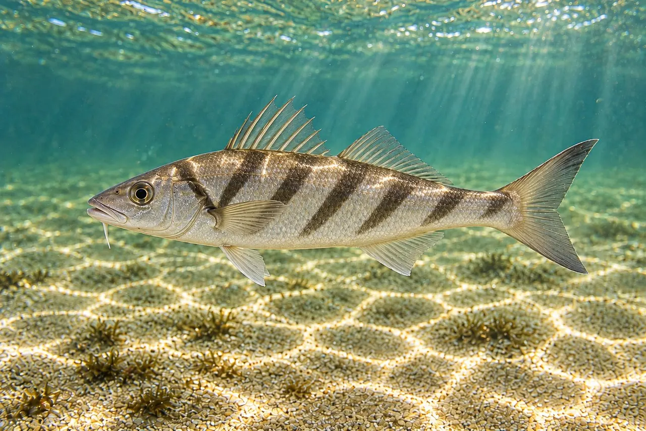 A northern kingfish with bold dark diagonal bars and a tall spiny dorsal fin swimming over sand