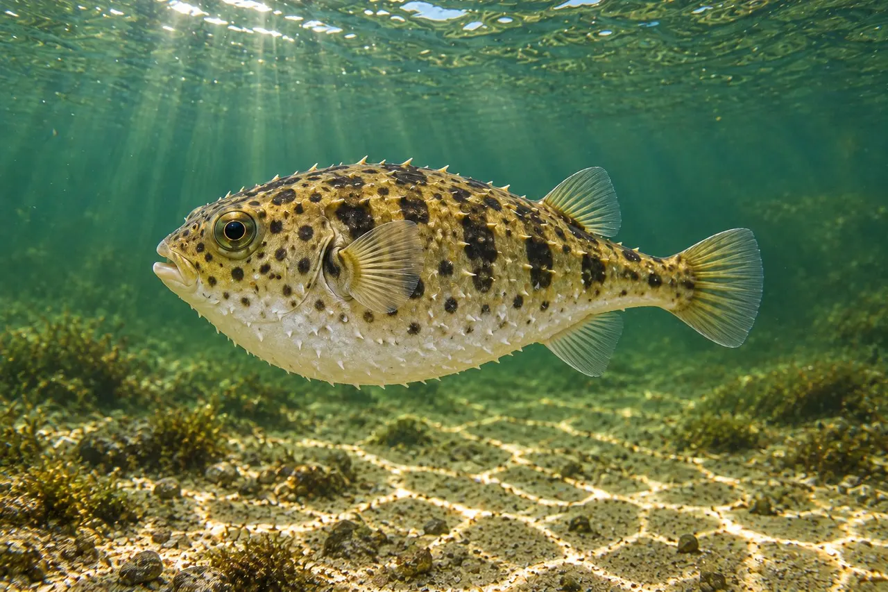A northern puffer (blowfish) with dark blotches over a sandy bottom
