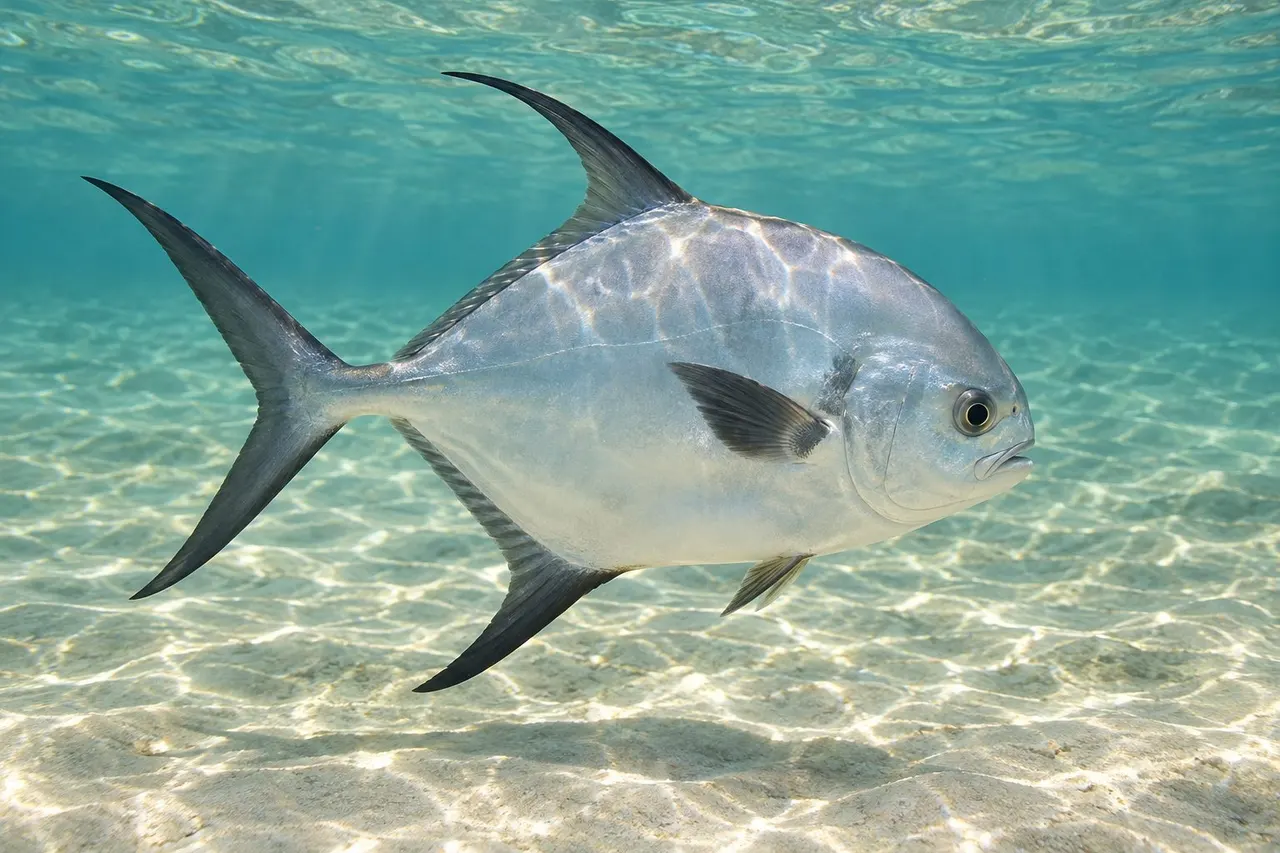 A permit with tall dark sickle-shaped fins over a shallow sand flat