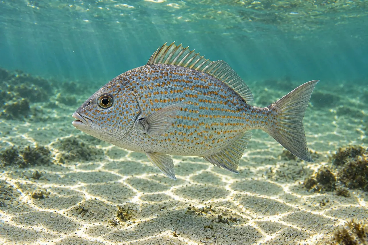 A small pigfish covered with orange-bronze spots swimming near the sandy bottom