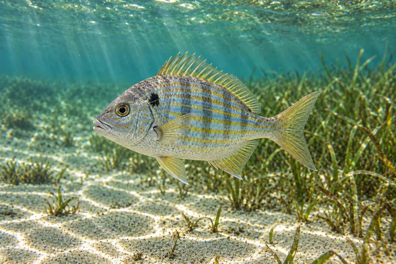 A small pinfish with yellow and blue stripes and a dark shoulder spot near a grass bed
