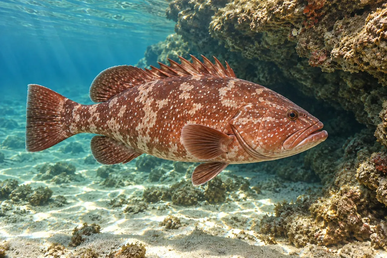 A red grouper with pale blotches beside a rocky ledge