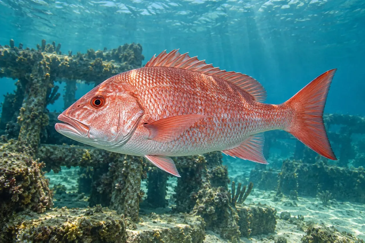 A red snapper over an artificial reef