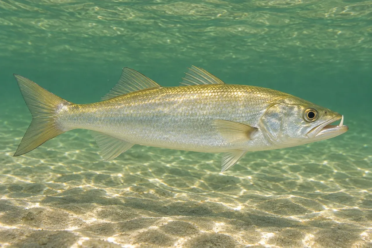 A pale sand seatrout swimming over sand
