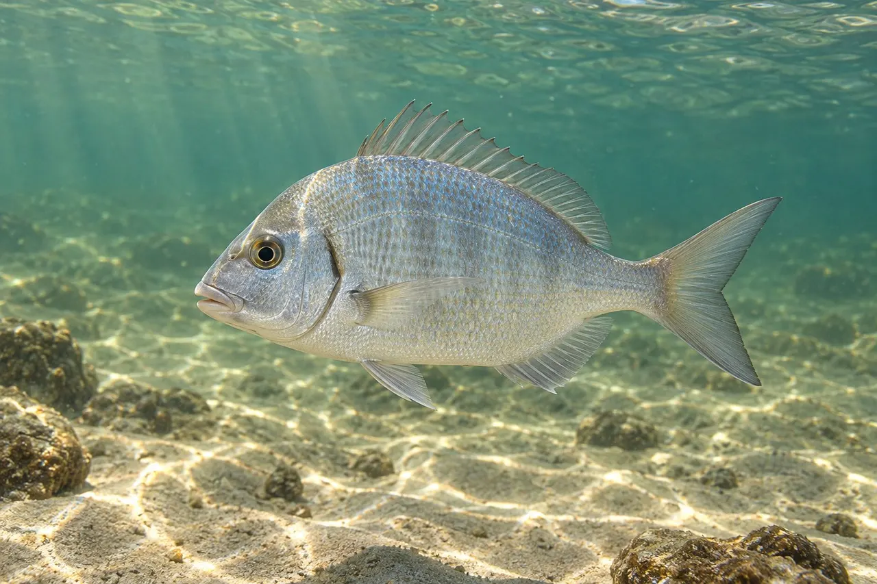 A silver scup (porgy) swimming near rocks over sand