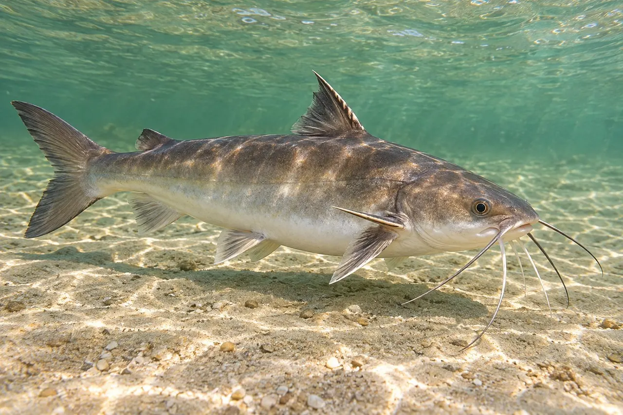A hardhead sea catfish with long whisker barbels near the sandy bottom