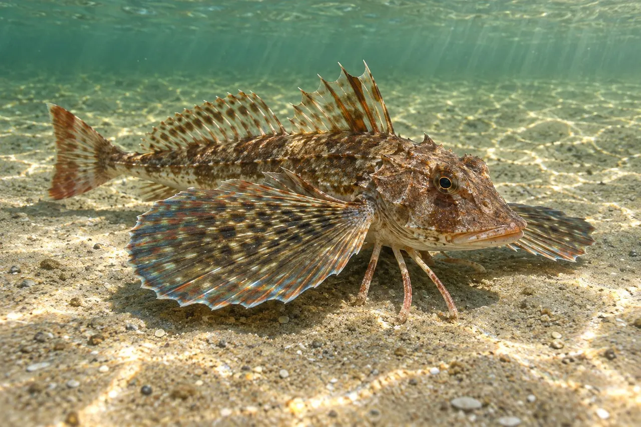A northern searobin on the sand with its wing-like fins spread