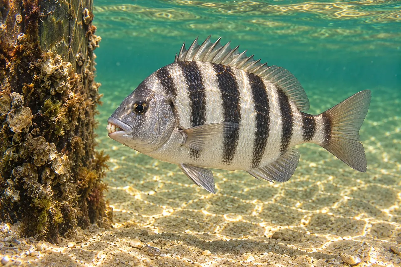A sheepshead with bold black vertical bars beside a barnacle-covered pier piling