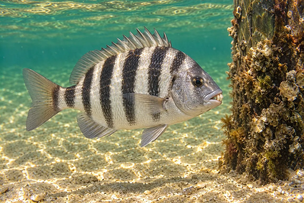 A sheepshead with bold black vertical bars beside a barnacle-covered pier piling
