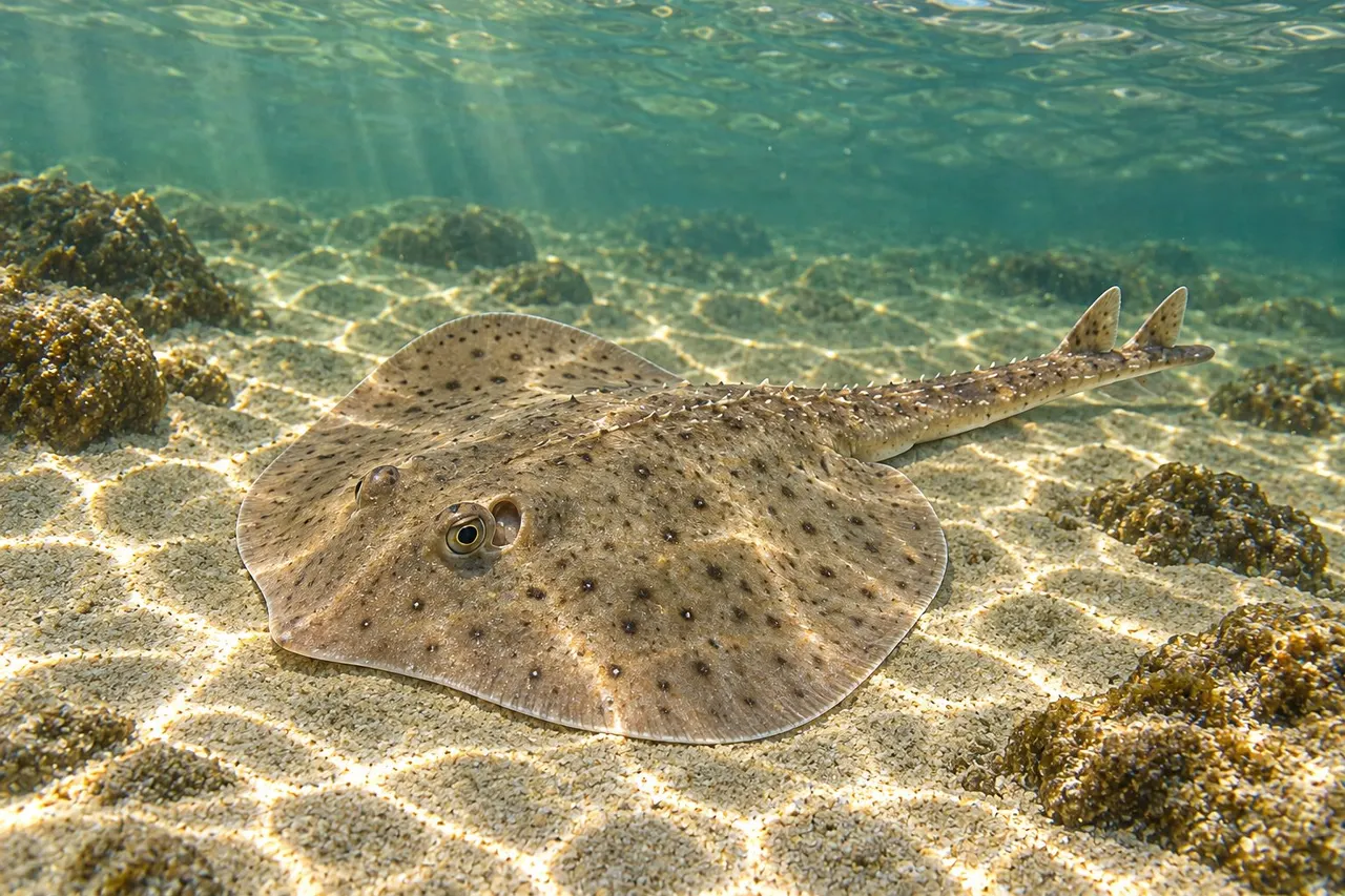 A little skate lying on the sandy bottom