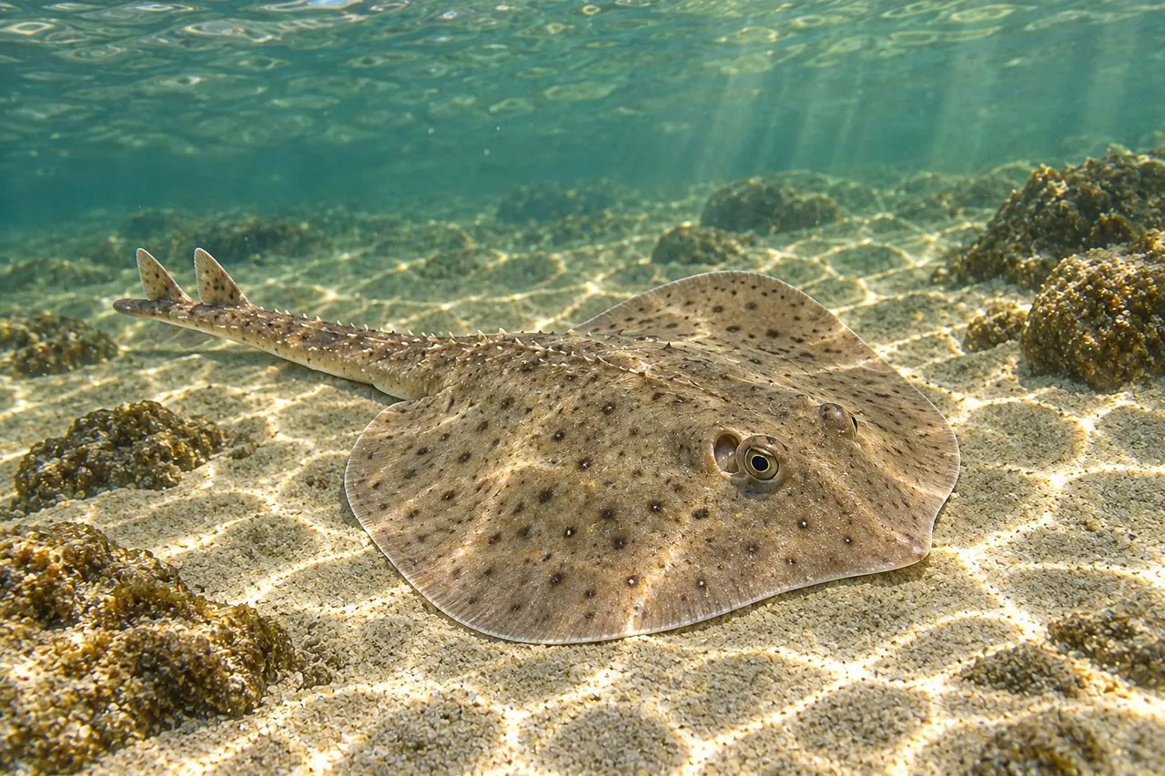 A little skate lying on the sandy bottom