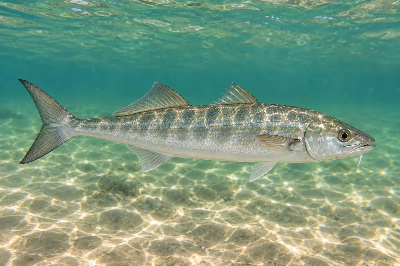 A whiting (southern kingfish) with its single chin barbel swimming near the sandy bottom