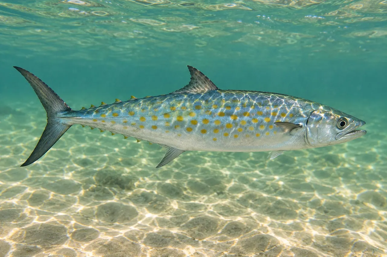 A Spanish mackerel with yellow-gold spots on silver sides swimming over sand in the surf