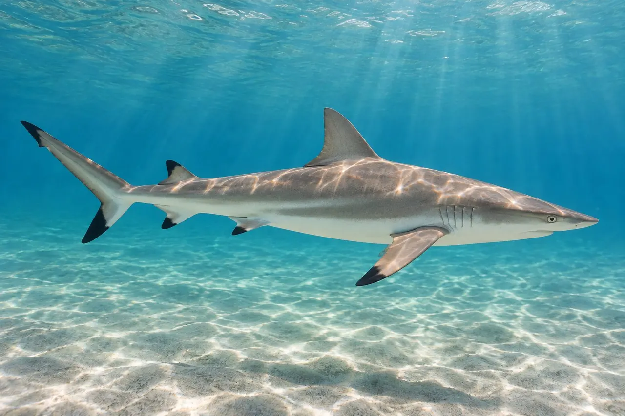 A slender spinner shark with a long pointed snout and black-tipped fins