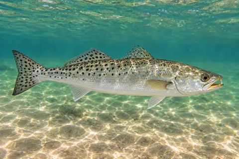 A speckled trout covered in round black spots swimming in shallow water