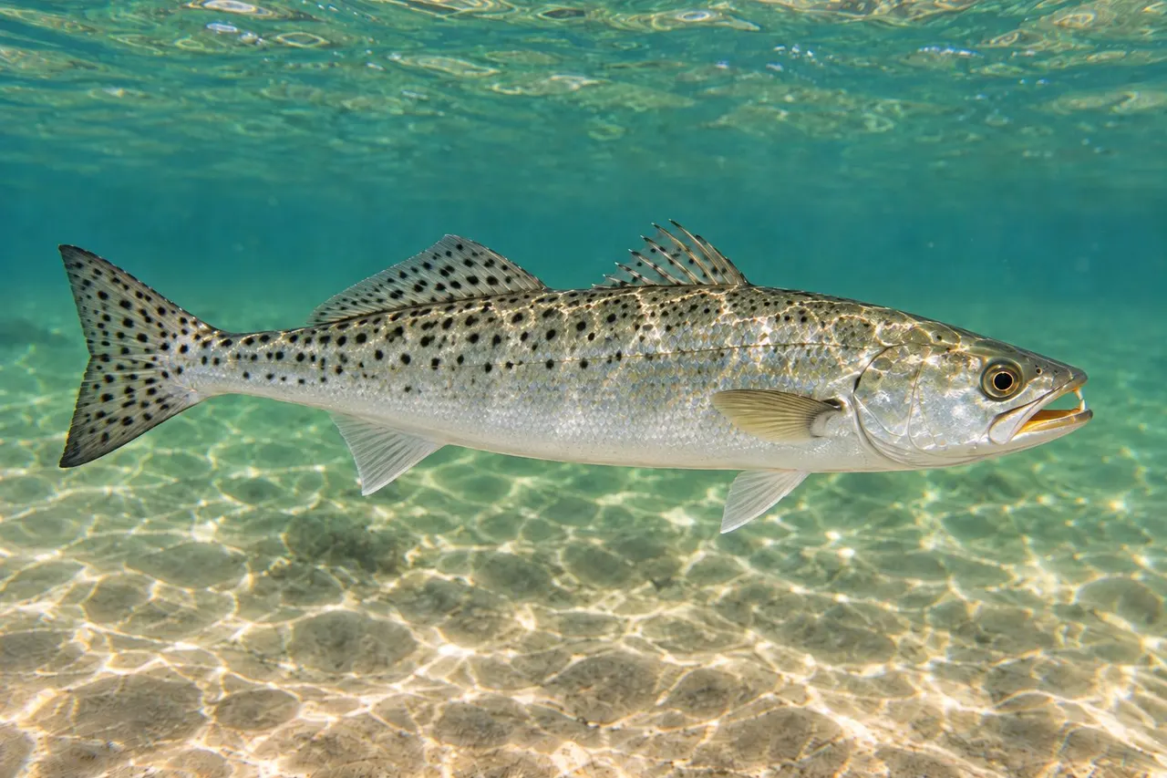 A speckled trout covered in round black spots swimming in shallow water