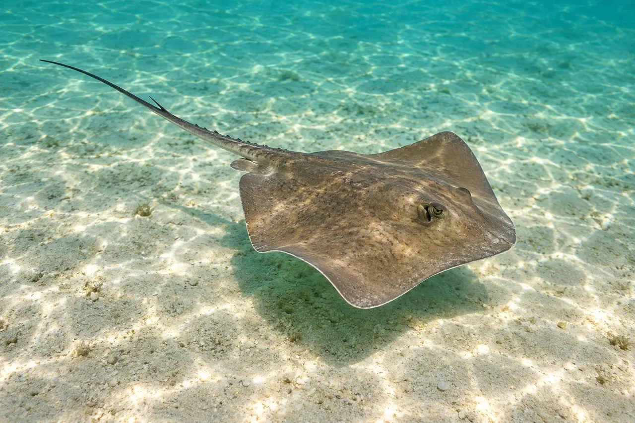 An Atlantic stingray gliding just above the sandy bottom