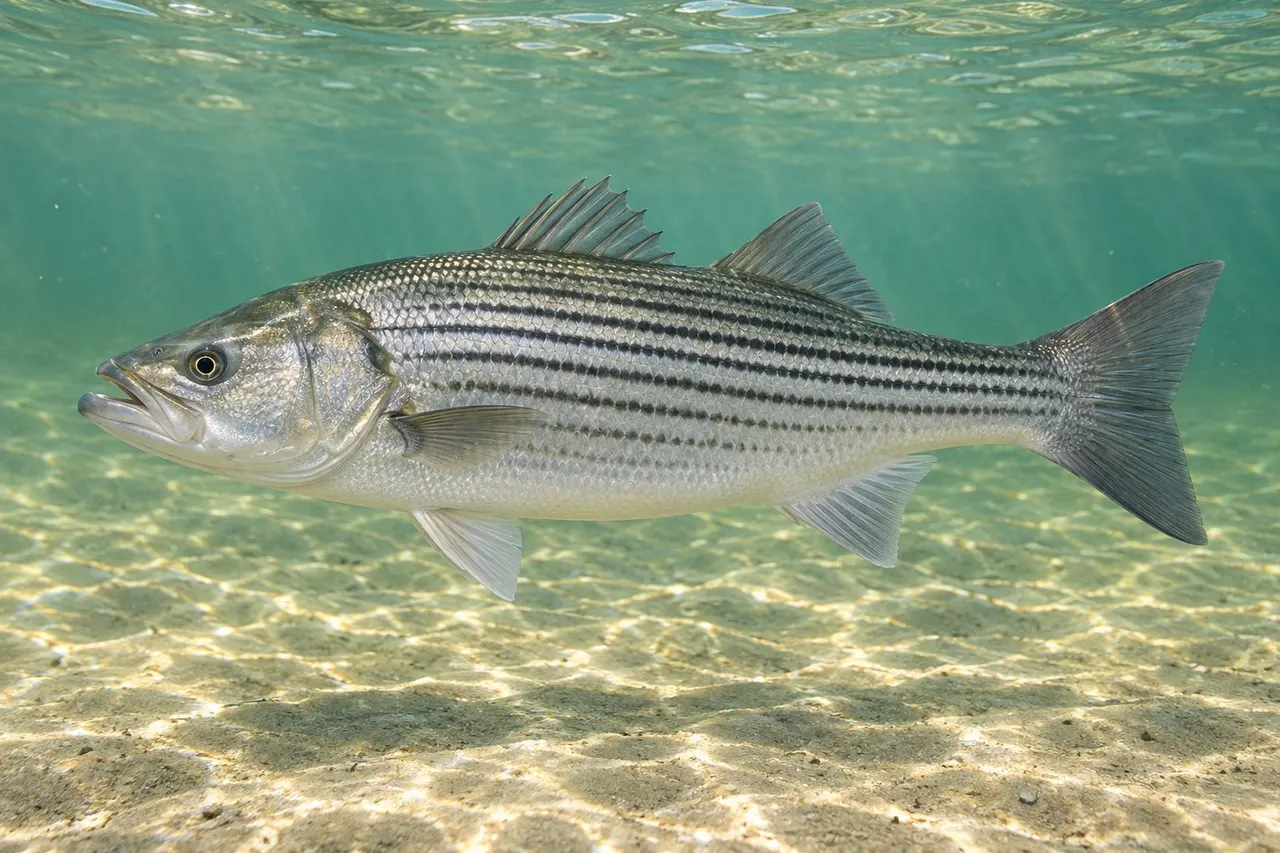 A striped bass with its dark lengthwise stripes swimming over a sandy bottom
