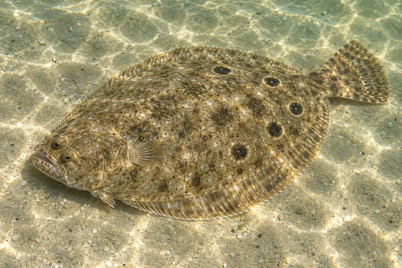 A summer flounder lying flat on sand with large dark eyespots on its back