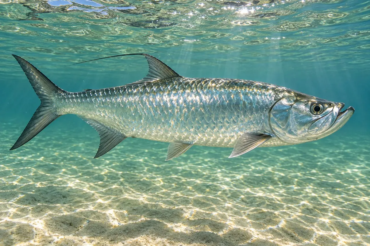 A large silver tarpon with big mirror-like scales and an upturned jaw swimming just under the surface