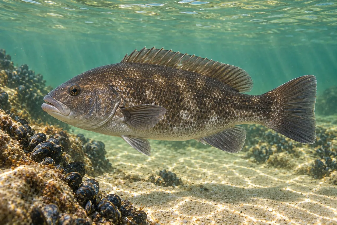 A tautog (blackfish) beside mussel-covered rocks